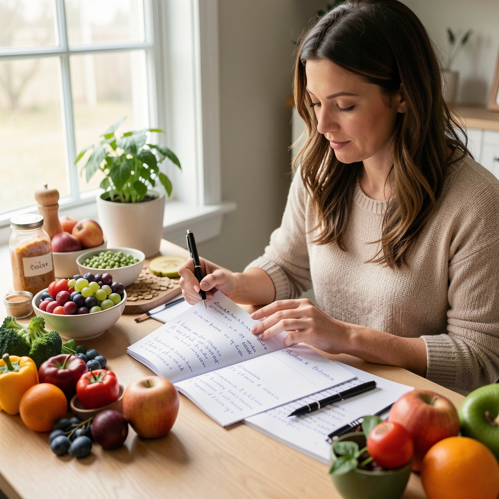 Nutrition specialist reviewing handwritten meal planning notes and seasonal produce lists at a well-lit desk with whole food ingredients arranged nearby