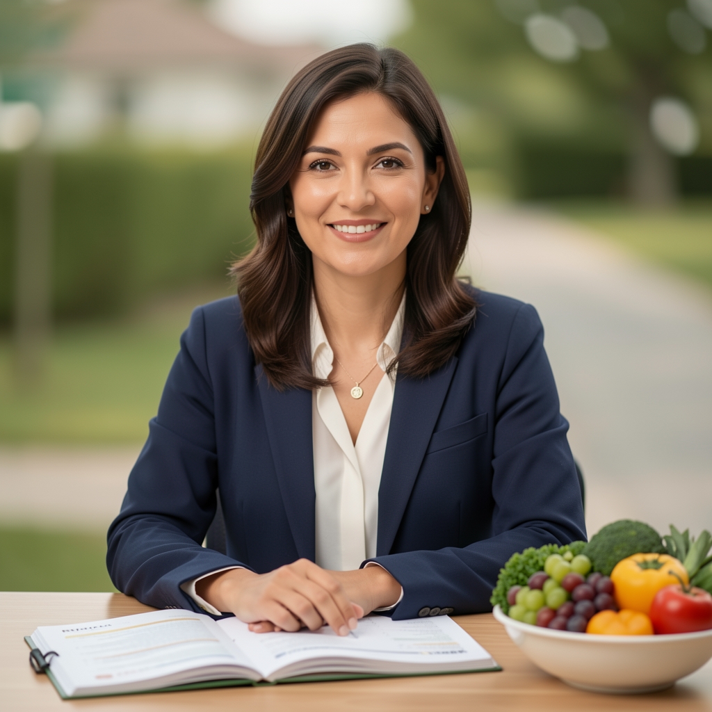 Portrait of a nutrition specialist in a professional studio environment, seated at a desk with open food composition notebooks and a bowl of fresh seasonal produce nearby