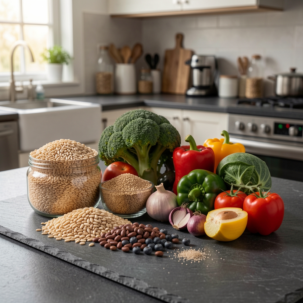 Neatly arranged whole food ingredients including grains, legumes, and seasonal vegetables on a dark stone surface in a professional kitchen environment