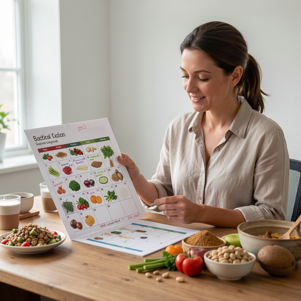 Nutrition professional reviewing a printed seasonal ingredient calendar and annotated batch-cook schedule on a well-lit studio desk with a selection of whole food samples