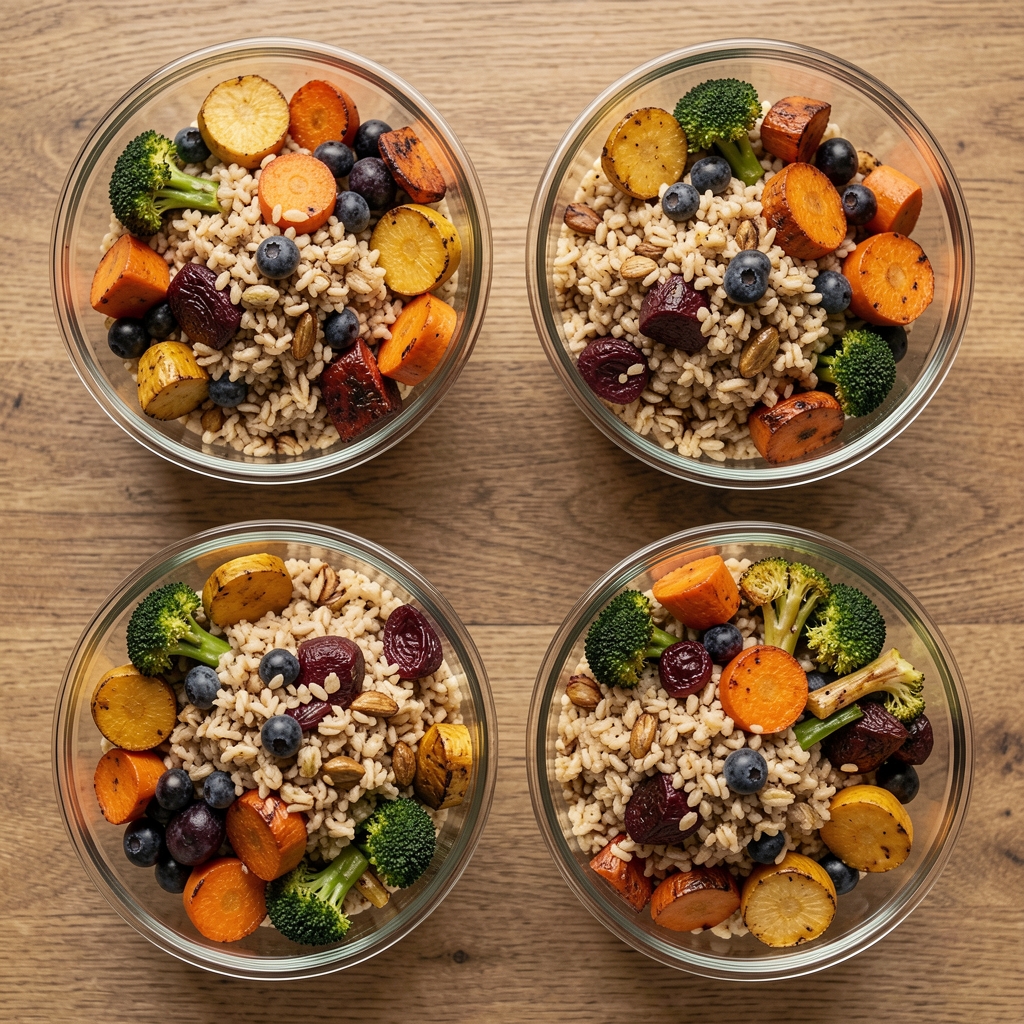 Overhead view of batch-cooked grain bowls with roasted seasonal vegetables arranged in glass containers on a wooden surface, ready for weekly meal prep