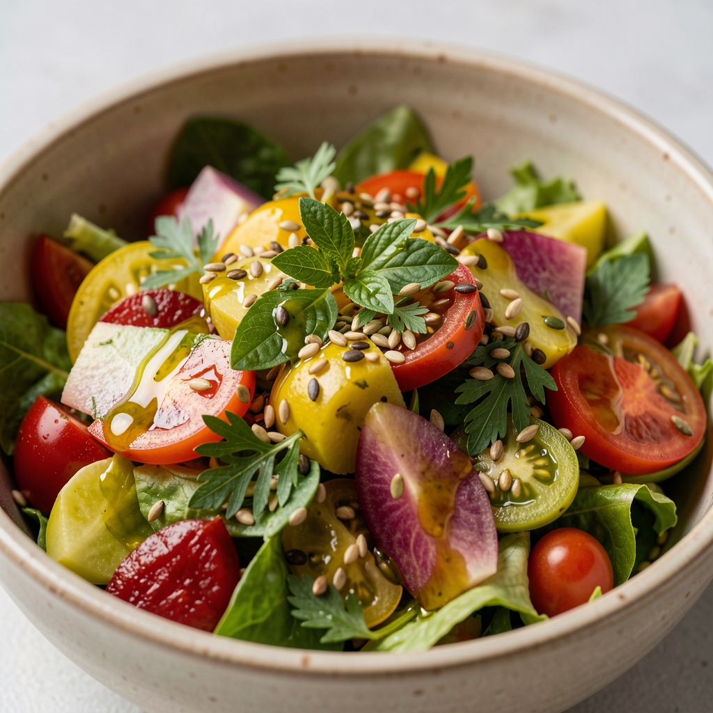 Close-up of a colourful Mediterranean-style salad with fresh herbs, olive oil dressing, and mixed seeds in a ceramic bowl under studio lighting
