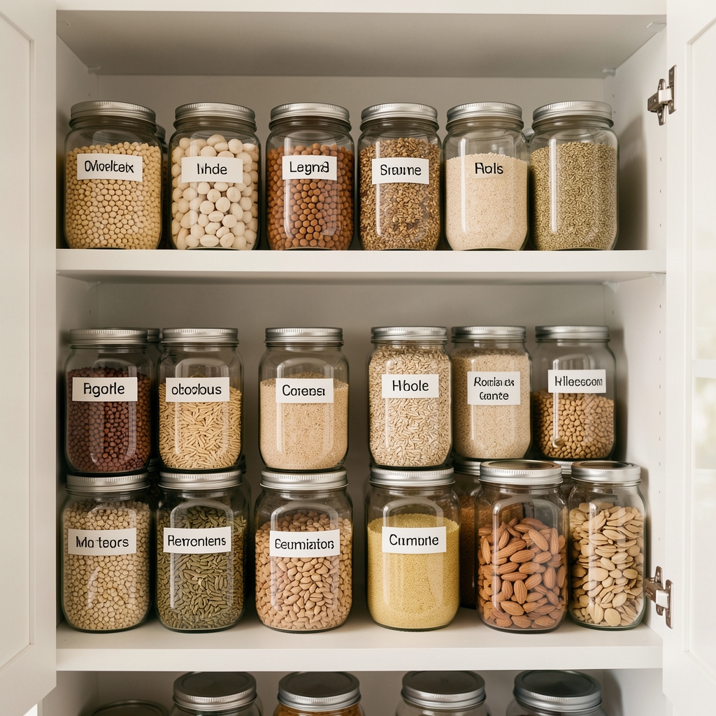 A neatly arranged pantry shelf displaying labelled glass jars of legumes, whole grains, nuts and seeds in a clean organised home kitchen setting