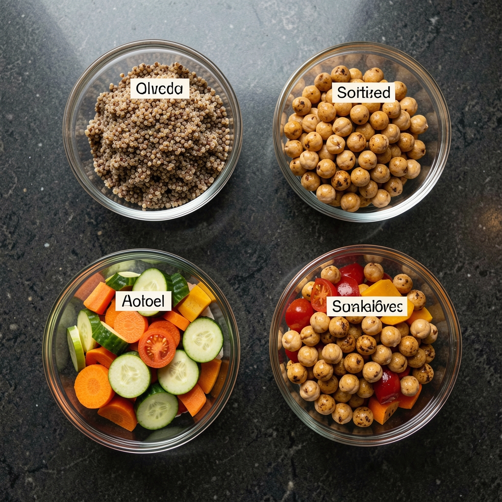 Overhead flat-lay of a fully prepared batch cooking session with labelled glass containers filled with cooked quinoa, lentils, roasted chickpeas and seasonal vegetables on a dark kitchen counter