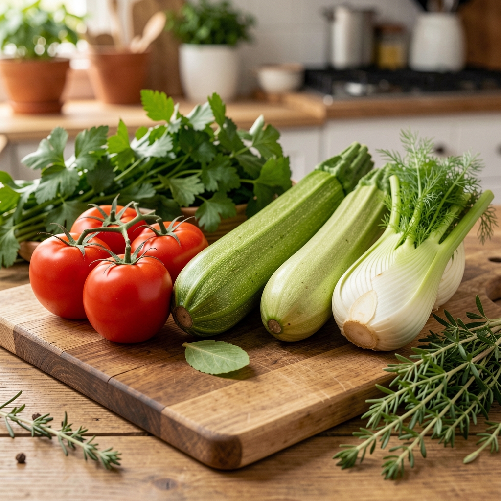 Colourful seasonal produce arranged on a wooden chopping board including heritage tomatoes, courgettes, fennel and fresh herbs representing summer Mediterranean-style meal preparation