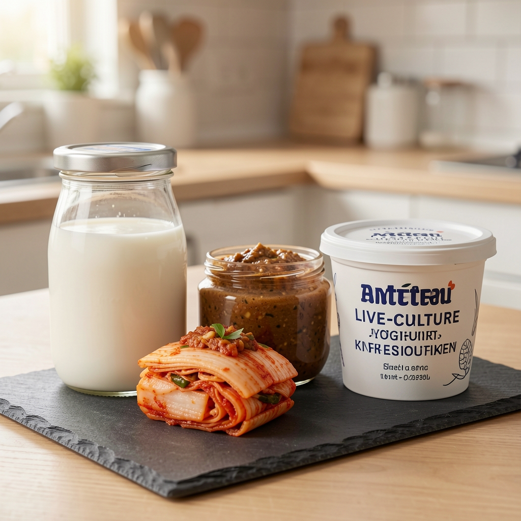 Close-up photograph of various fermented food products including kefir, miso paste, kimchi and live-culture yoghurt arranged on a slate surface in a clean home kitchen