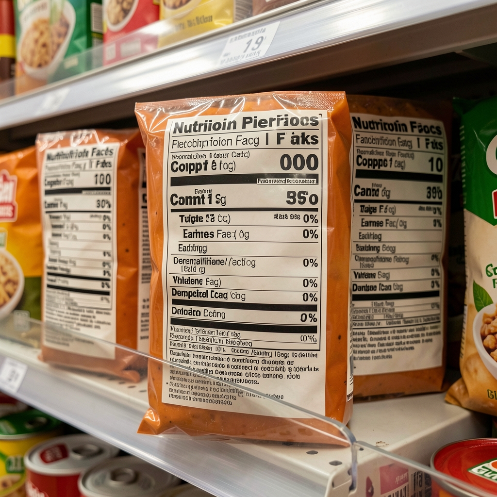 Detailed close-up photograph of nutritional information labels on packaged food products displayed on a supermarket shelf, illustrating a systematic approach to reading food composition declarations