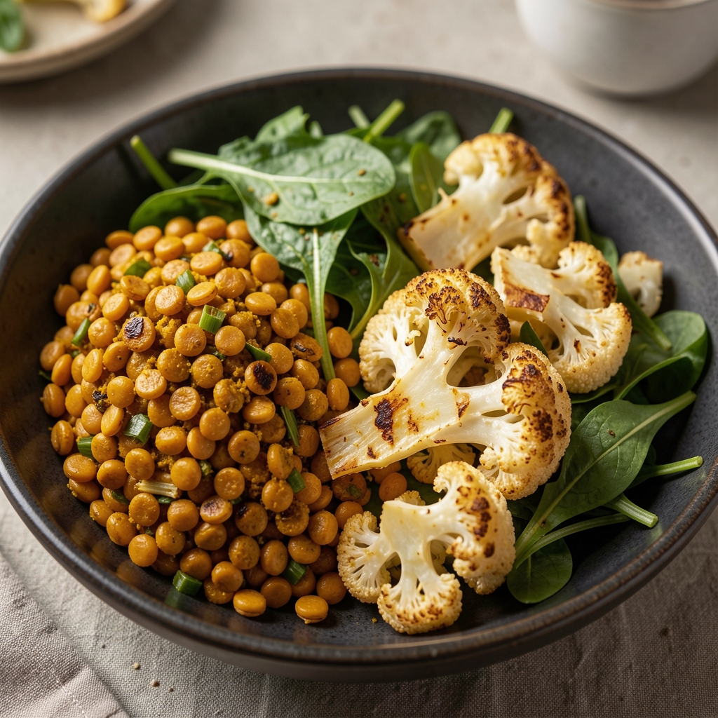 Close-up of freshly prepared anti-inflammatory grain bowl with turmeric-spiced lentils, roasted cauliflower and leafy greens on a dark ceramic plate