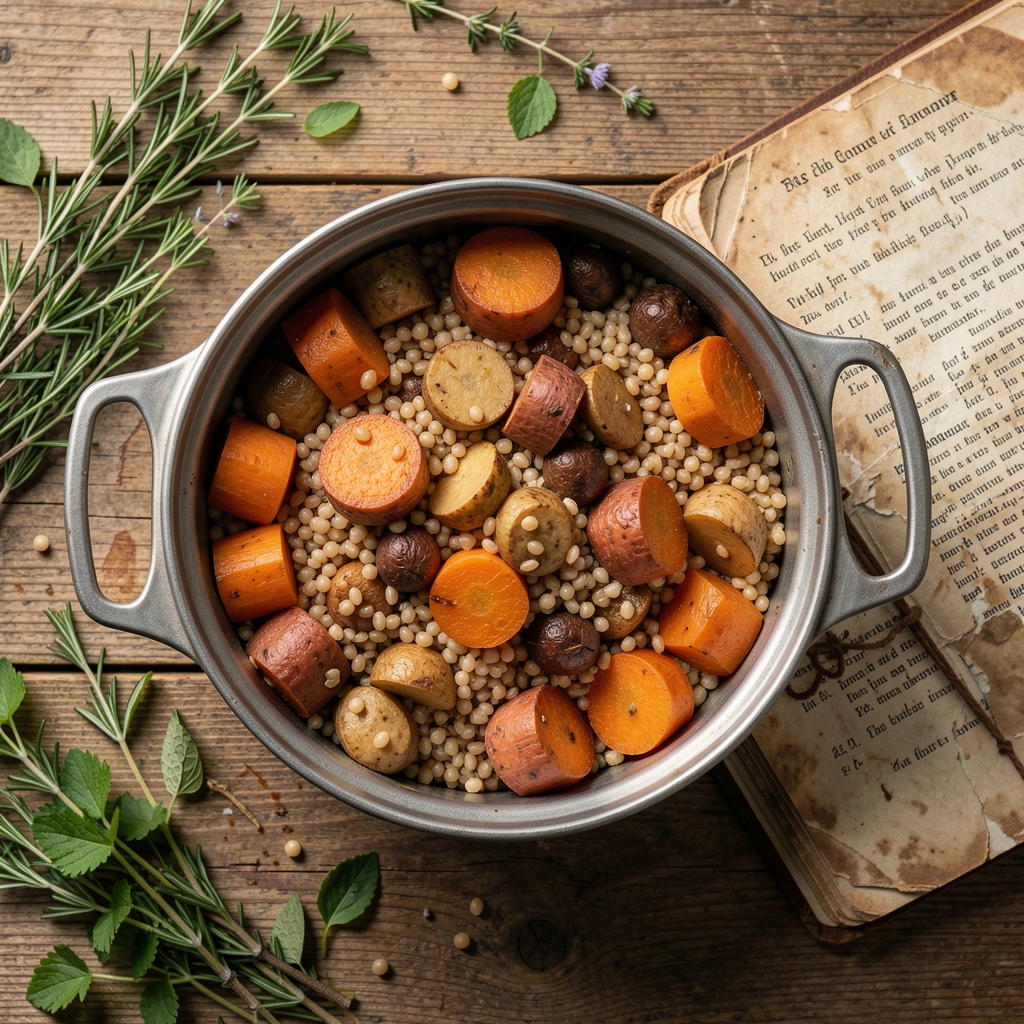 Overhead view of a slow-cooked root vegetable and pearl barley pot on a wooden surface with fresh herbs and a worn recipe notebook beside it