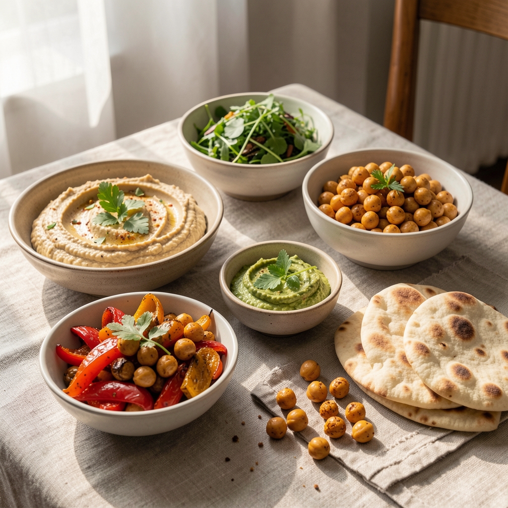 Seasonal plant-based lunch spread with hummus, roasted peppers, spiced chickpeas and fresh flatbread arranged on a linen tablecloth in natural afternoon light