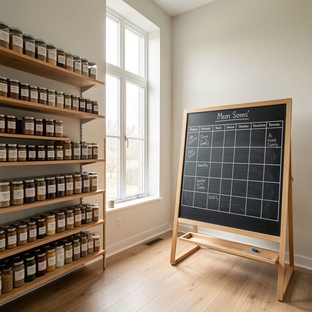Interior view of the Aldovi London studio space with shelves of labelled ingredient jars, a large chalkboard meal planning board, and natural daylight from tall windows