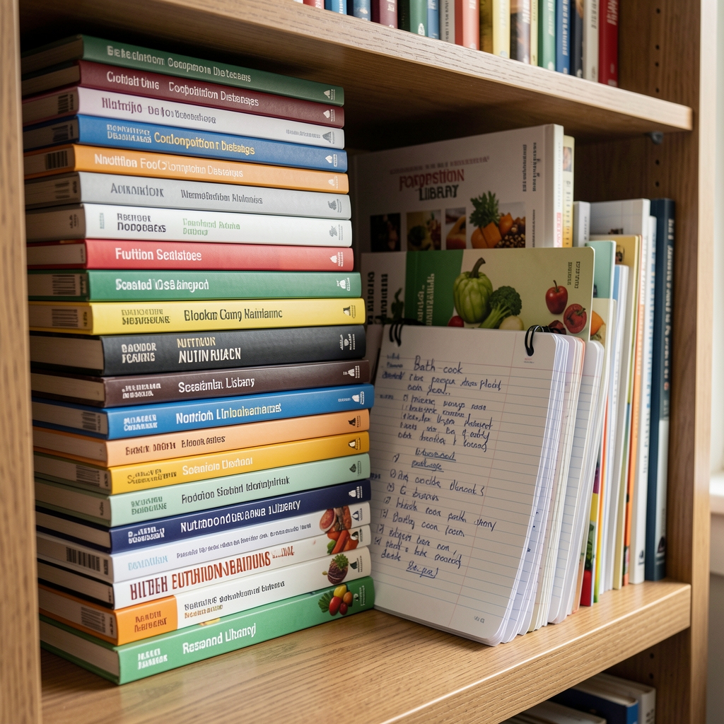 Detailed photograph of a nutrition reference library with stacked food composition databases, seasonal produce almanacs, and handwritten batch-cook planning notebooks on a wooden shelf